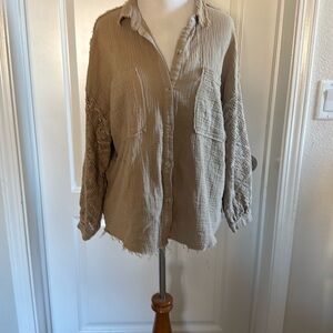 Tan Button-Up Shirt with Lace Sleeves